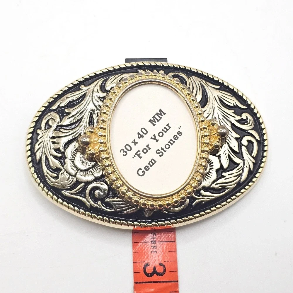 Western‎ Floral Belt Buckle Gold Black Oval 30x40mm Gemstone Setting Made in USA
